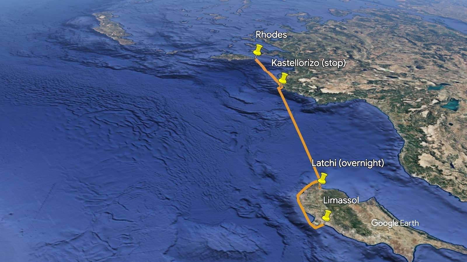 Route map: Limassol to Latchi, Kastellorizo and Rhodes.